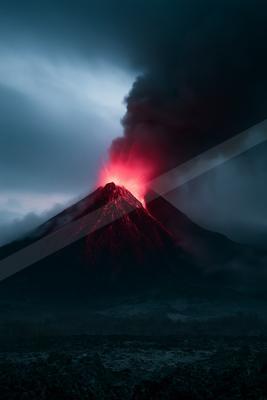 A powerful volcanic eruption at night, with bright red lava glowing from the crater and cascading down the slopes, sending a massive plume of dark smoke into th