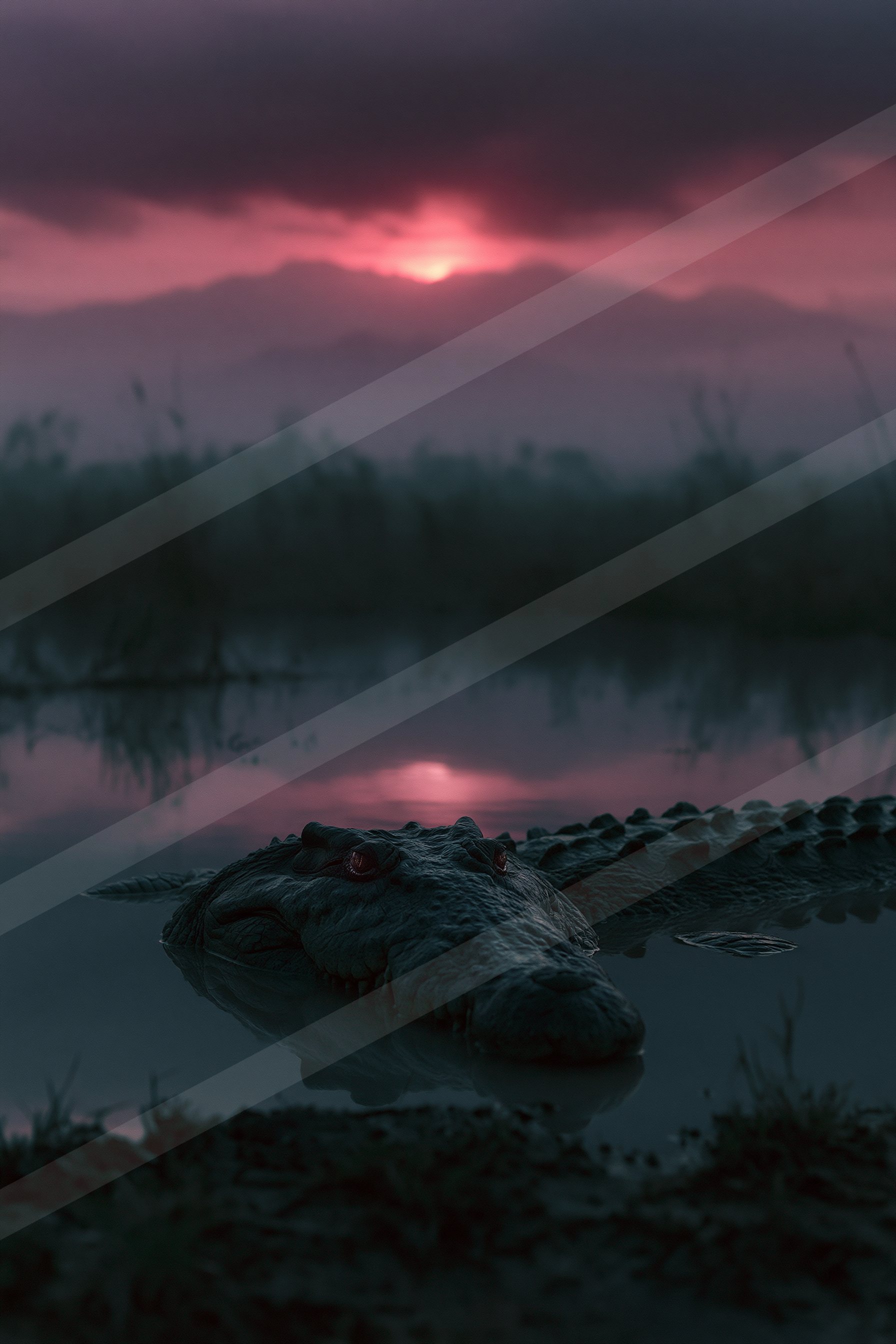 A crocodile partially submerged in calm water under a moody twilight sky.