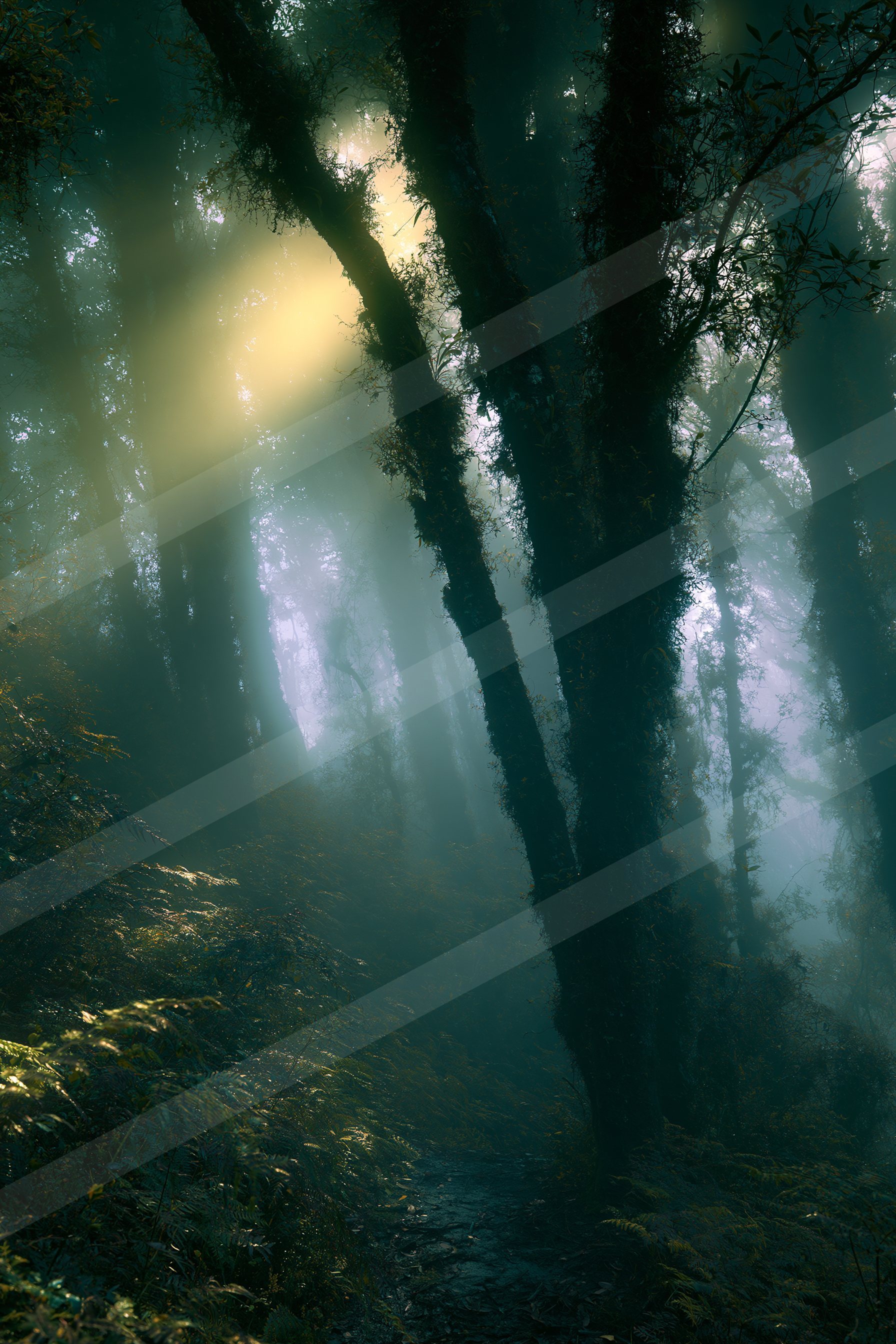 An ethereal high contrast nature scene of a forest, fog.
