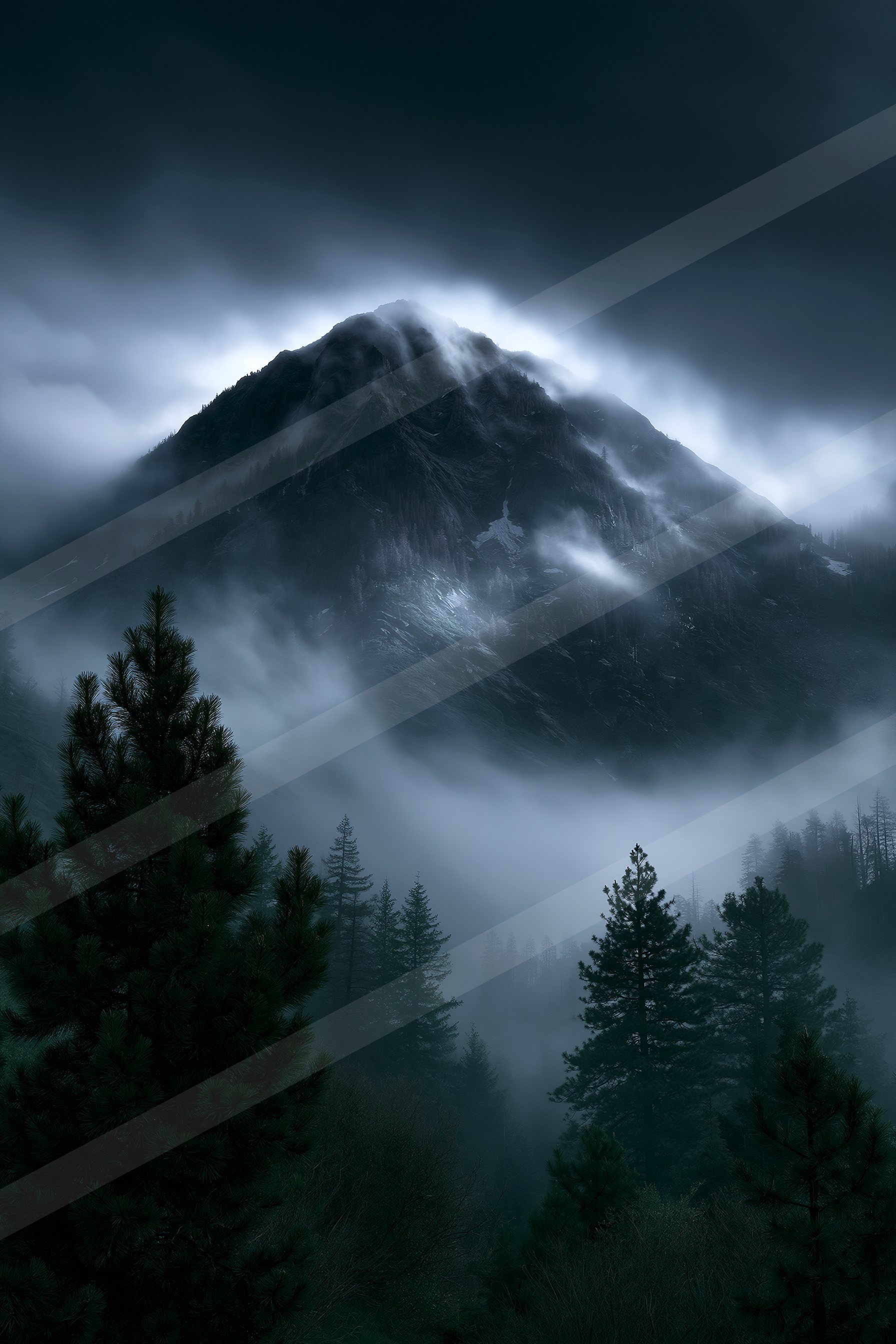 A mysterious long exposure landscape of a mountains, fog.