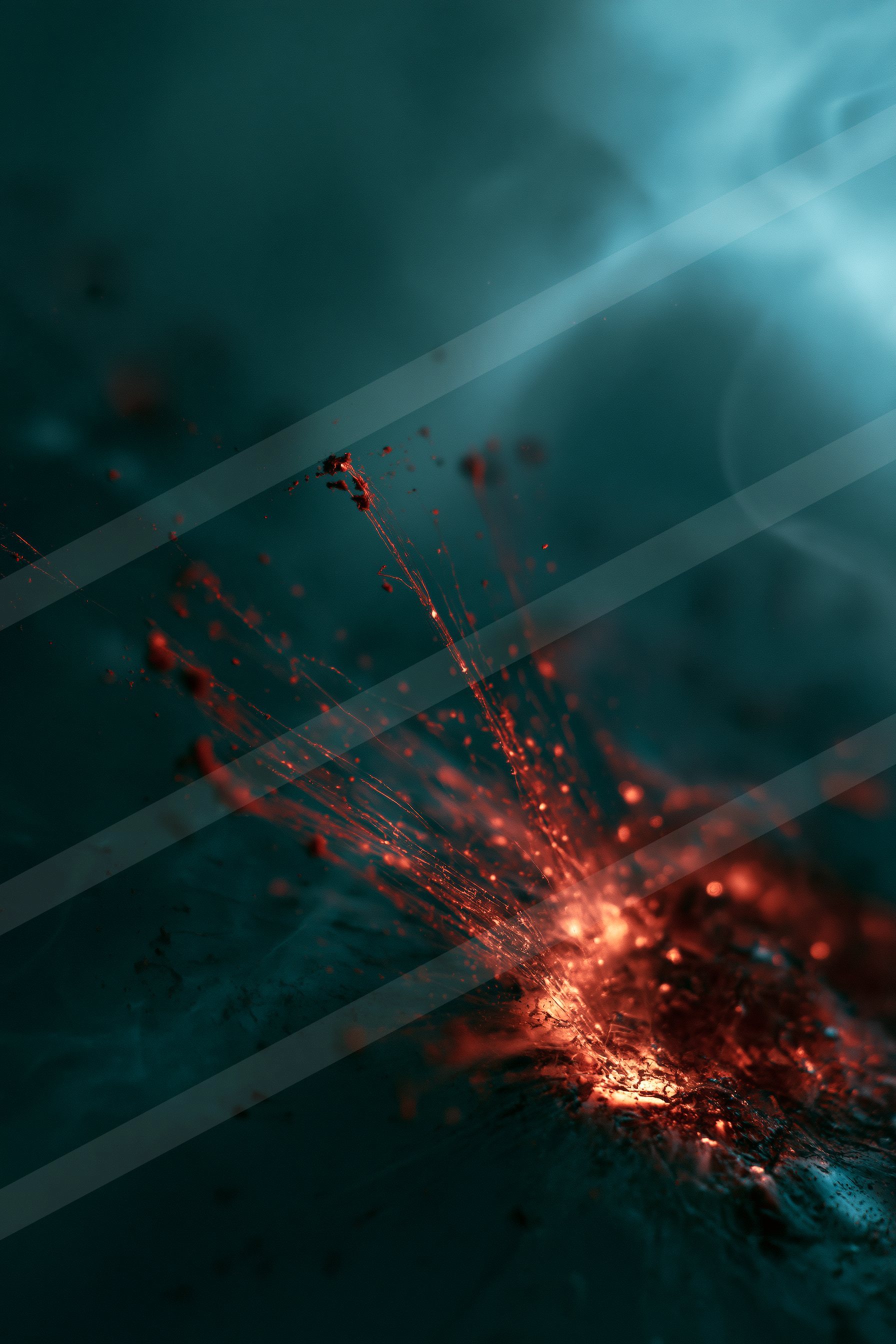 A vivid red explosion radiates outward against a dark, misty background.