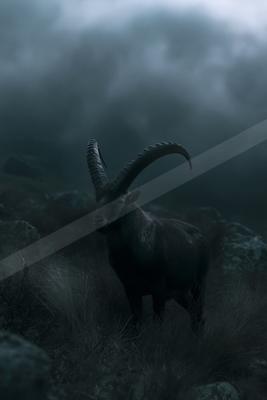 A black-toned moody photograph of ibex, bighorn, gazelle.