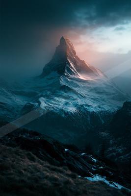 An ethereal landscape of a volcano, reflection.