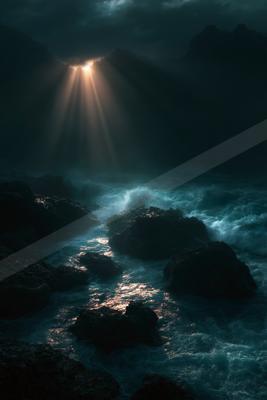 Crepuscular rays of sunlight pierce through heavy storm clouds to illuminate a turbulent sea crashing against dark jagged rocks in a dramatic coastal scene.