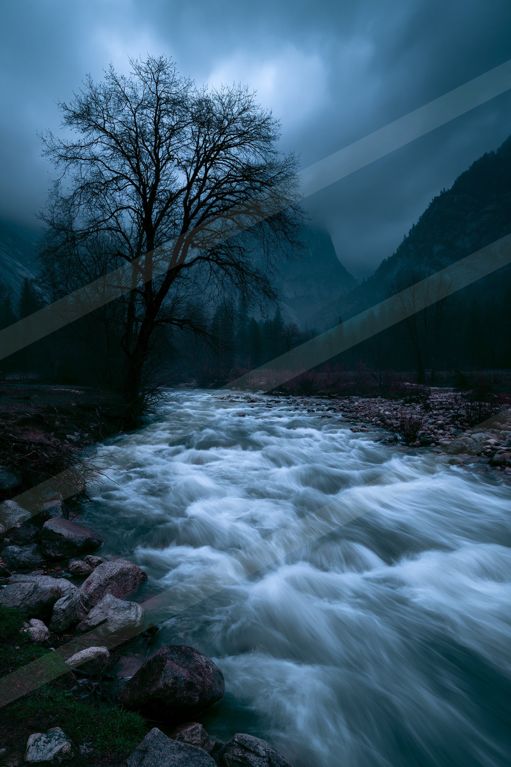 A dramatic long exposure water scene of a river, fog.