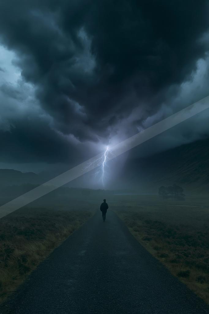 A dramatic sky scene of storm, road.