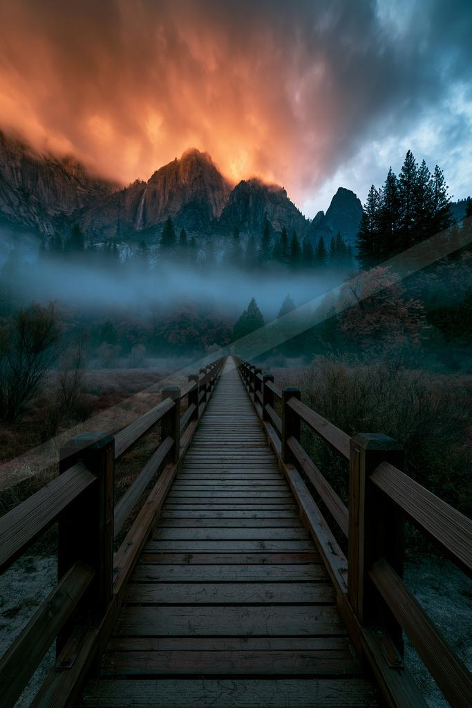A moody architecture photo of bridge, mountains.