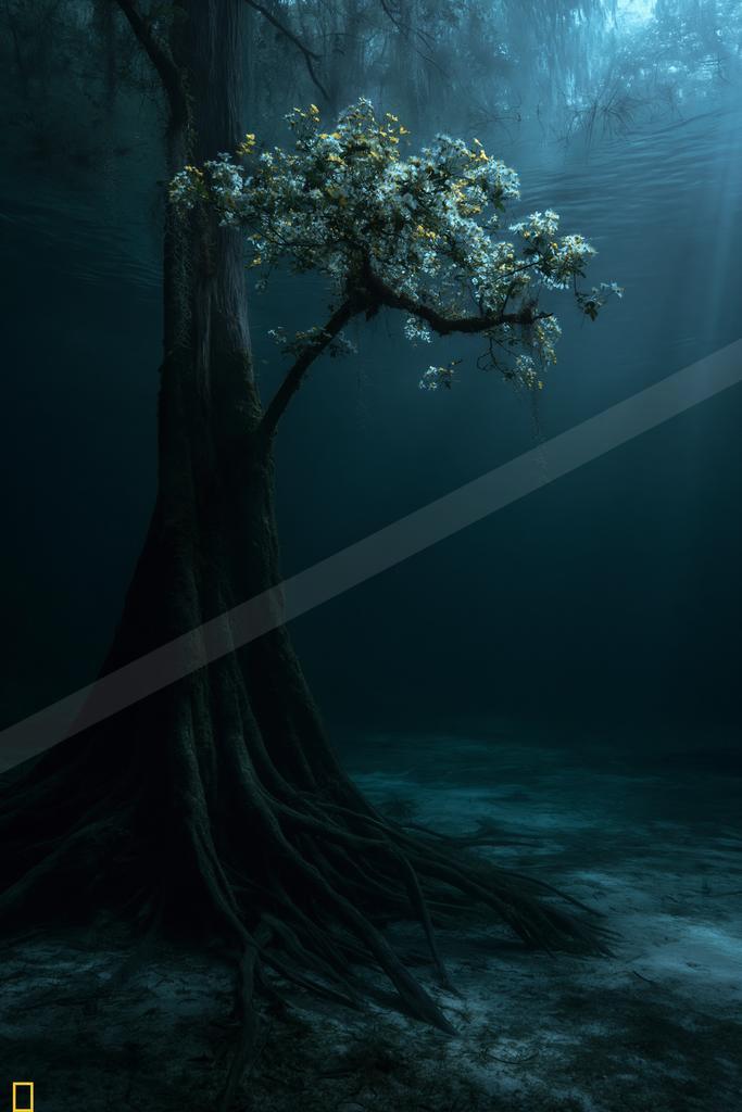 A large tree with exposed roots stands submerged in dark blue water, its branches adorned with white and yellow blossoms, illuminated by light rays filtering fr