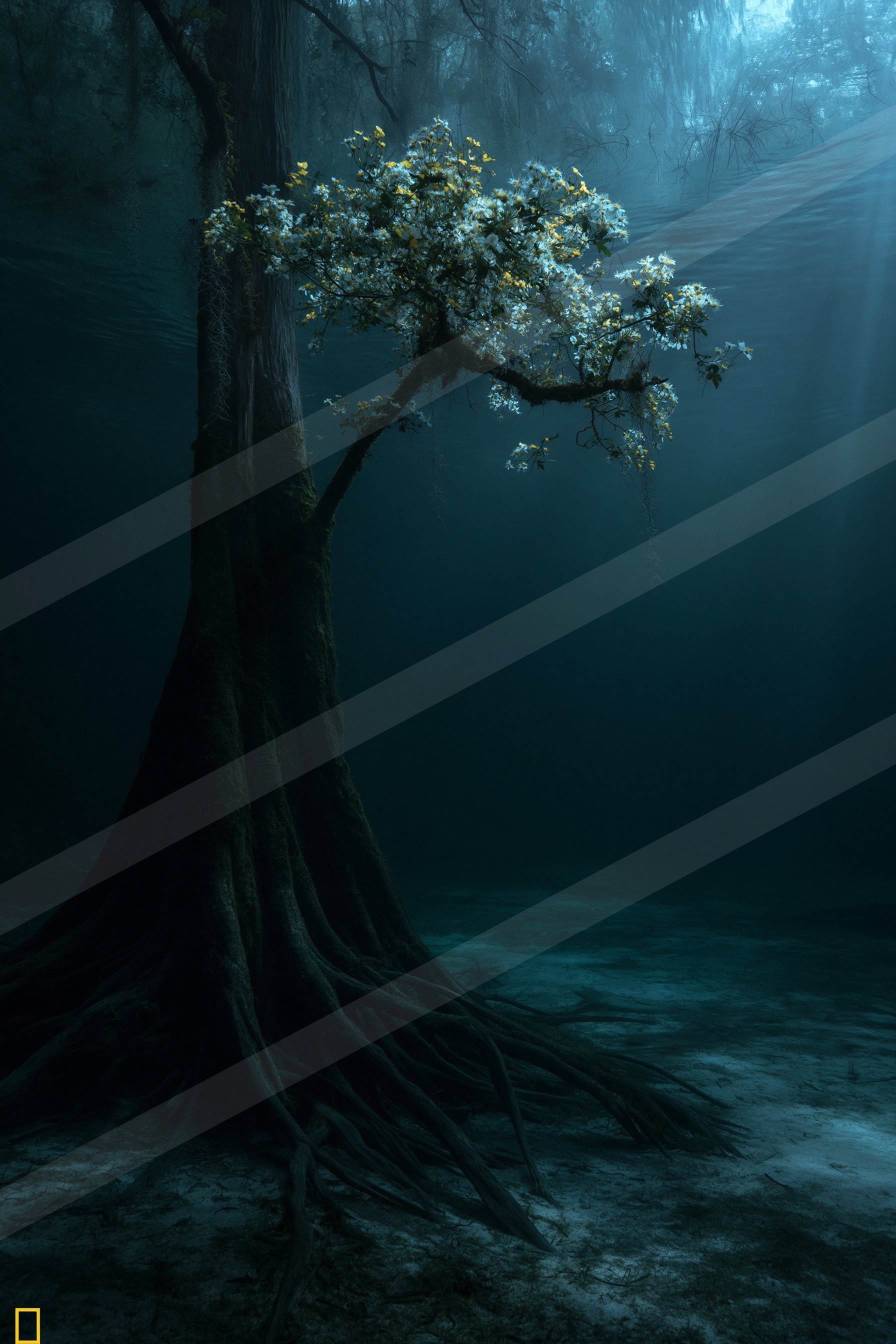 A large tree submerged underwater with vibrant white and yellow flowers blooming from its branches, creating a surreal and ethereal scene.