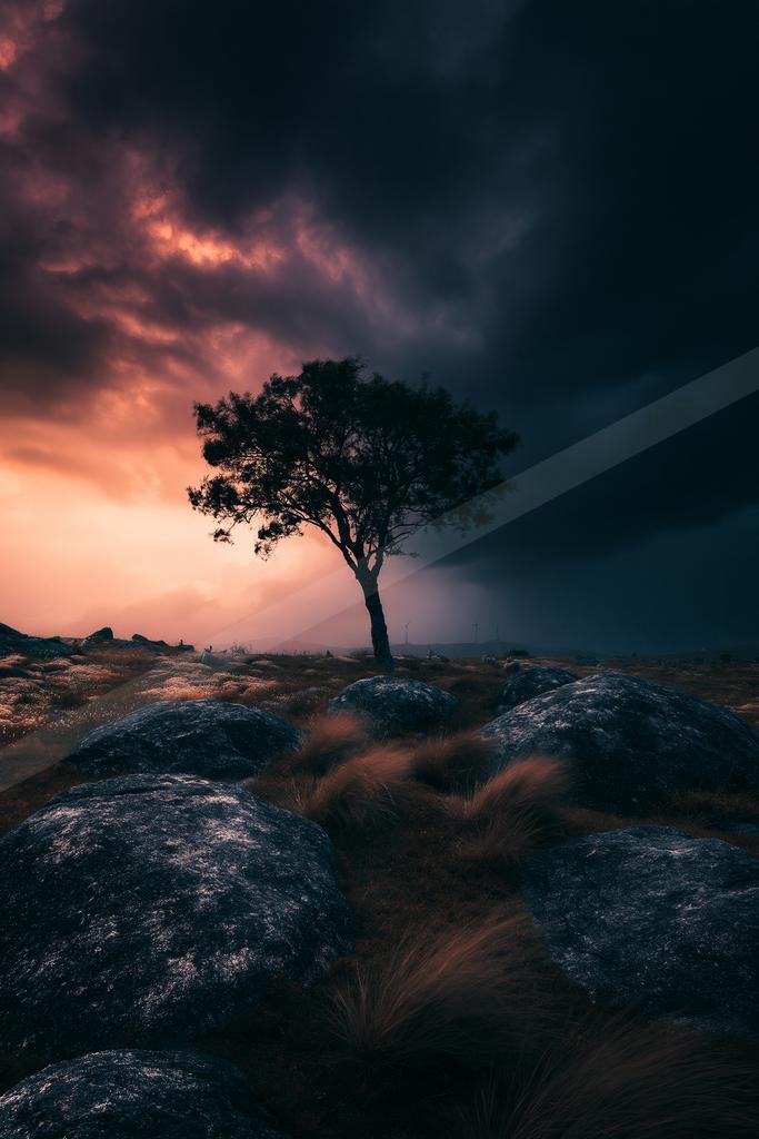 A dramatic nature scene of trees, storm, sunset.
