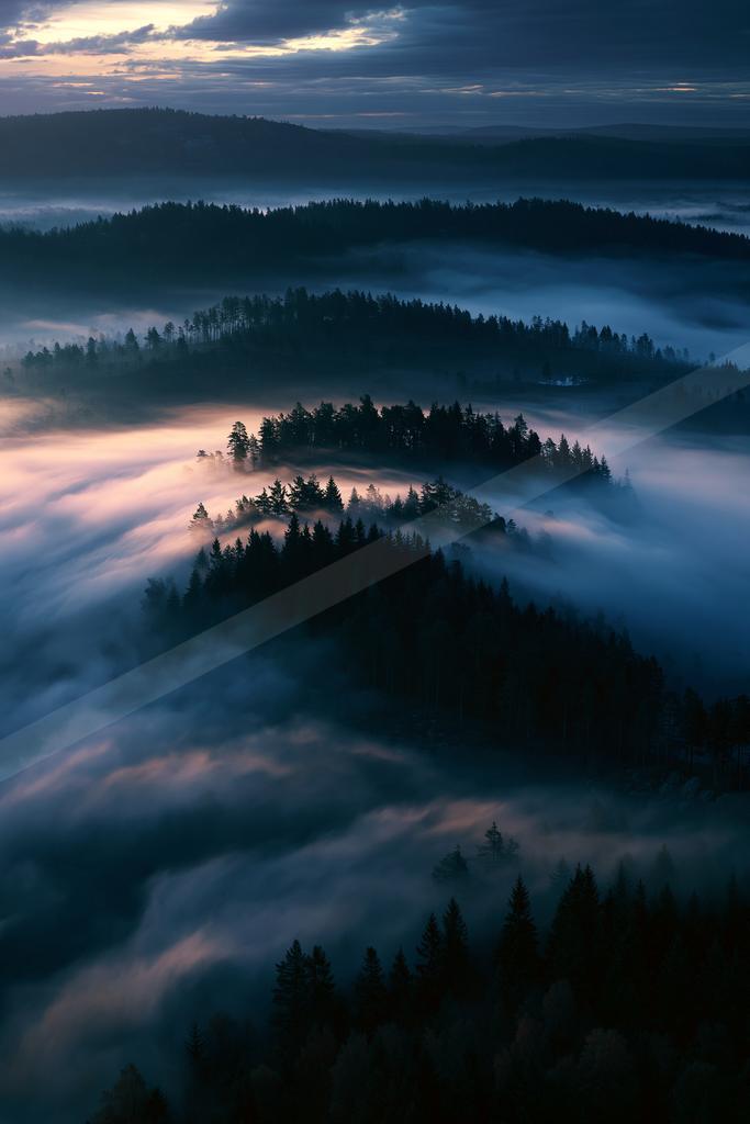 A night aerial sky scene of sunrise, valley, mountains.