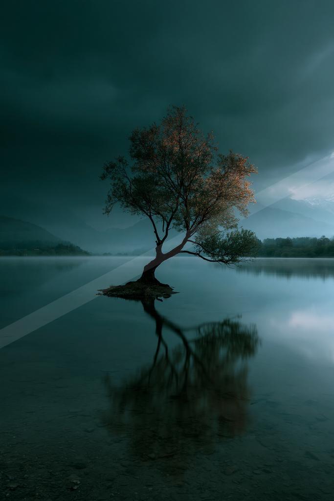 A solitary tree stands on a small island in a calm lake, its reflection visible in the still water under a dark, moody sky with distant mountains.