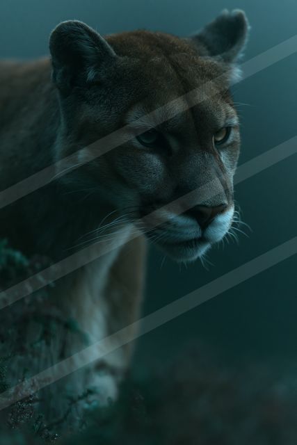 A mountain lion's intense gaze is captured up close against a dark, misty forest backdrop.