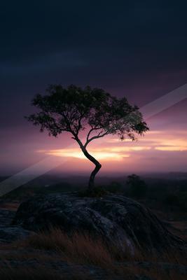 A solitary tree with a twisted trunk stands silhouetted on a large rock formation against a vibrant purple, pink, and orange sunset sky.