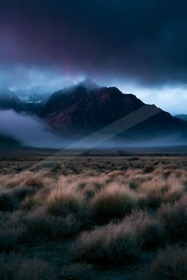 A rugged mountain range partially shrouded in thick, low-lying clouds under a dark, moody sky, with a vast field of dry, golden-brown grass in the foreground.