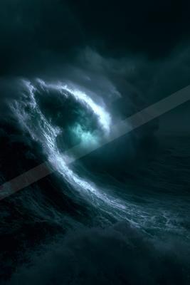 A massive, curling ocean wave with a glowing turquoise barrel crashes powerfully under a dark, stormy sky at night.