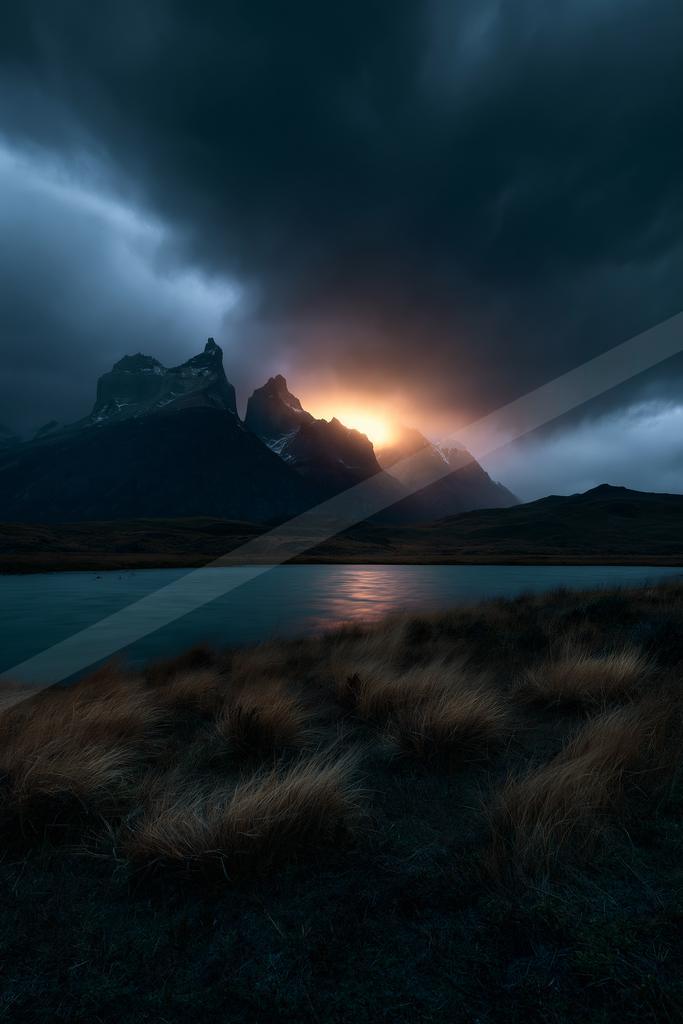 A jagged mountain peak illuminated by a fiery sunset glow piercing through dark storm clouds, reflected in a calm lake surrounded by dry grass in the foreground