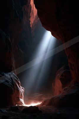 Strong beams of light shining down into a narrow, dark rocky cave with reddish walls and sandy floor.