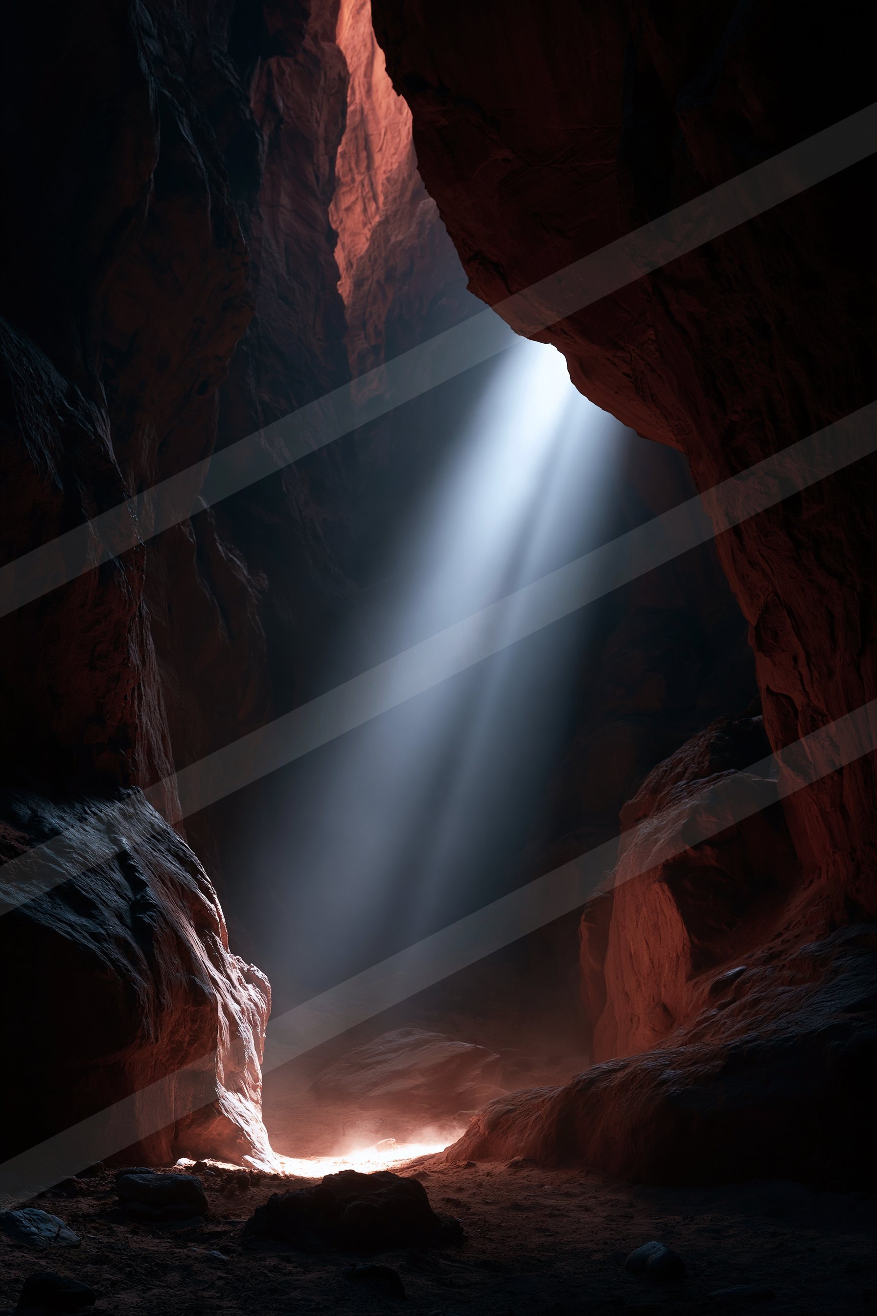 A beam of sunlight illuminates the rugged interior of a red rock canyon, casting dramatic shadows and highlighting textures.