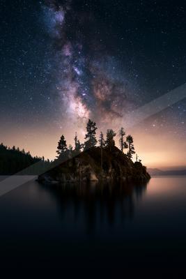 A black-toned moody photograph of lakeside, volcano, beacon.