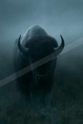 A large American bison with curved horns stands in a foggy field, looking directly at the camera with a powerful and atmospheric presence.