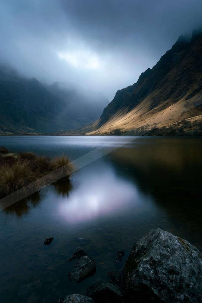 A serene long exposure water scene of lake, reflection.