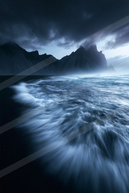 A dramatic long exposure water scene of an ocean, ripples.