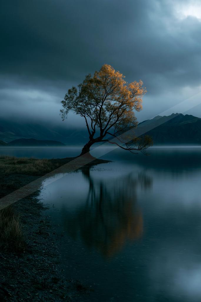 A solitary tree with golden foliage stands on the shore of a calm lake, its reflection mirrored in the still water under a dark, cloudy sky with distant mountai