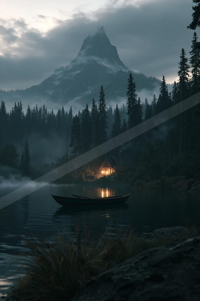 A night water scene of lake, mountains, boat.