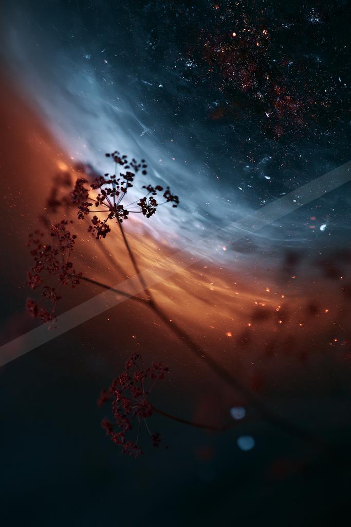 A night long exposure sky scene of starry sky, flowers, sunrise.