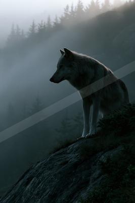 A gray wolf stands alert on a rocky outcrop overlooking a foggy, forested mountain valley at dawn.