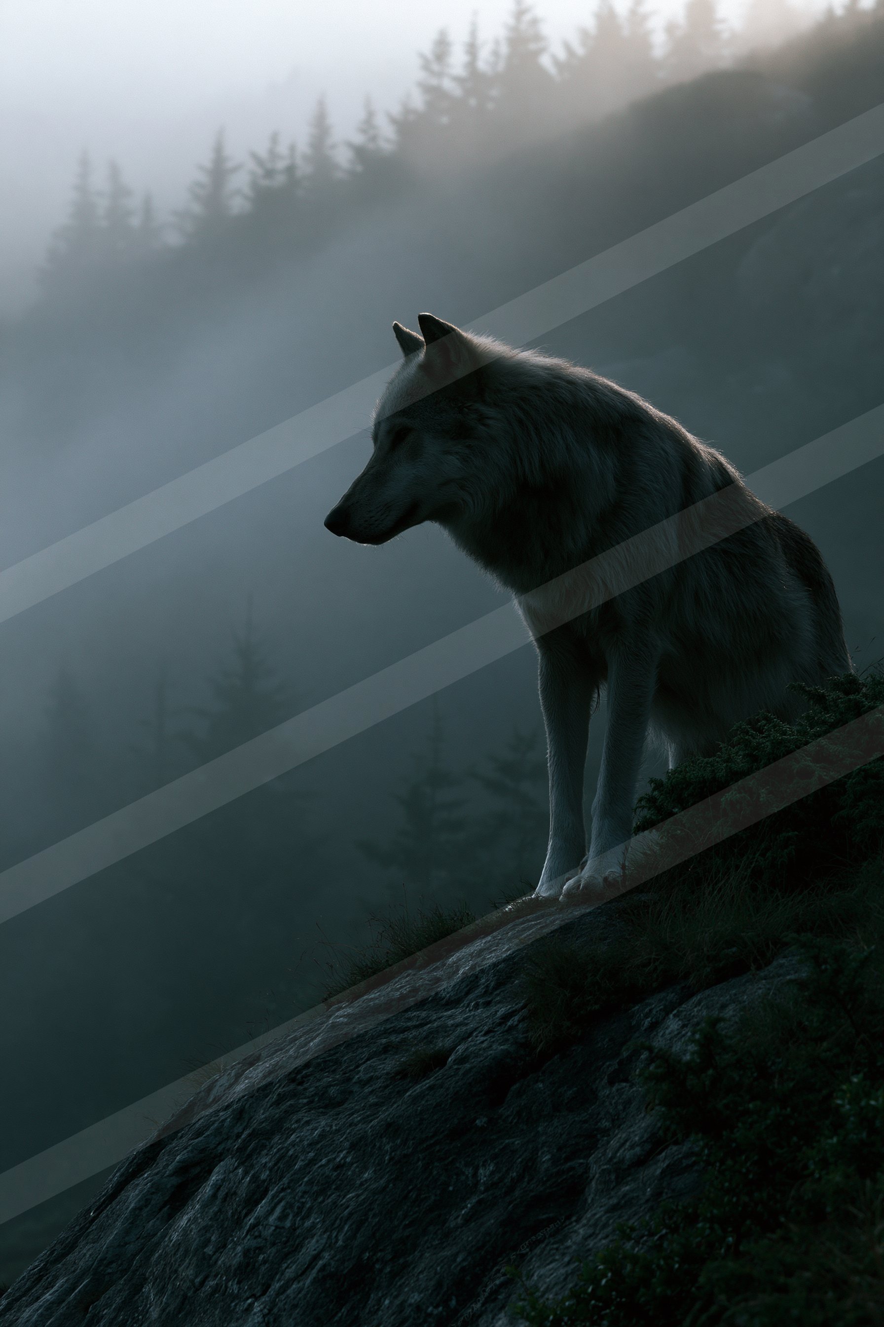 A lone wolf stands on a rocky outcrop amidst a misty forest backdrop.