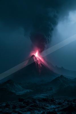 A powerful volcanic eruption at night, with bright red lava flowing down the slopes and a massive plume of dark smoke rising into the sky.