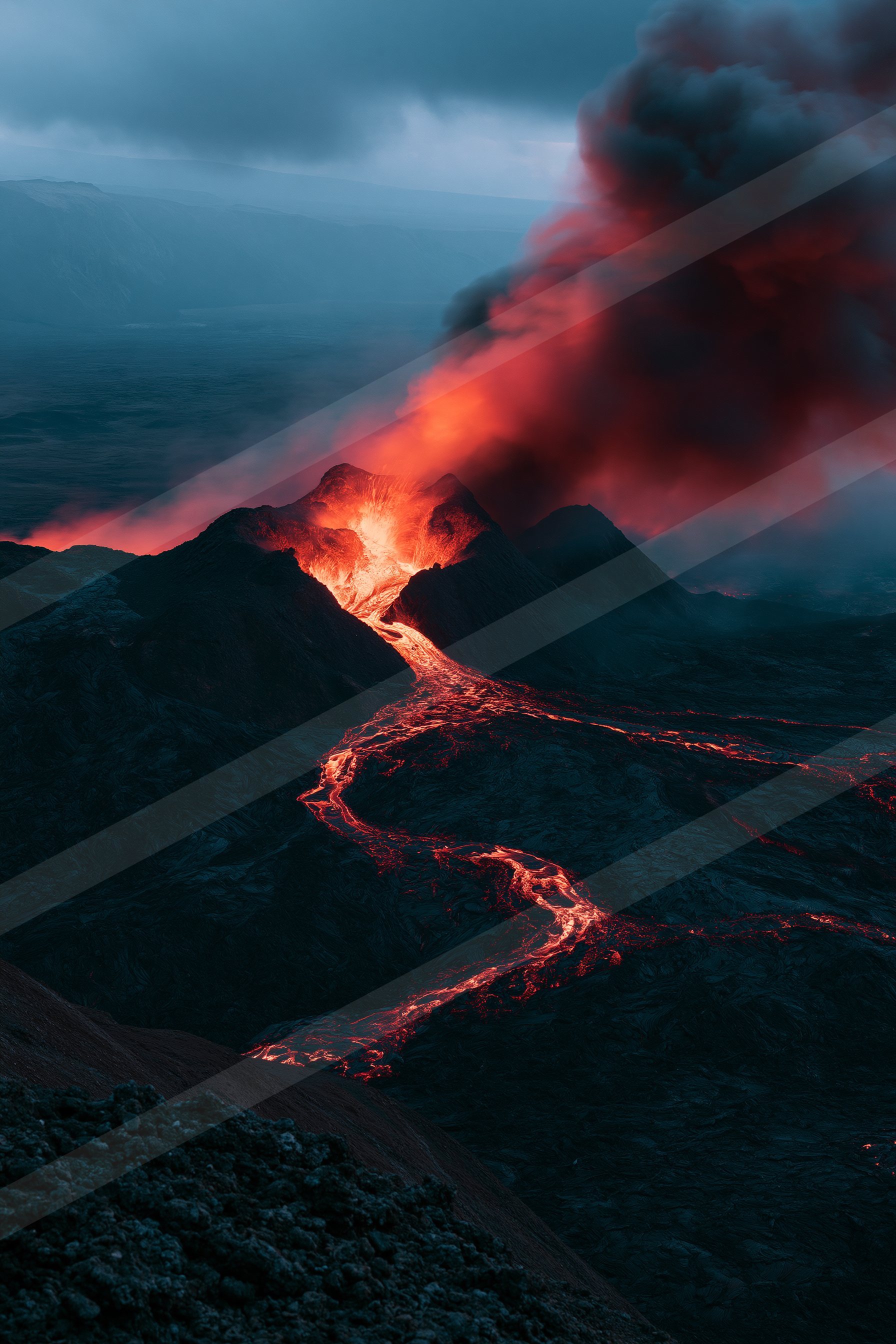 A dramatic landscape of a volcano, fire.