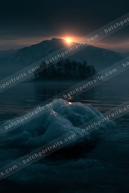 A serene lake scene featuring ice formations in the foreground, mist rising from the water, and a mountain silhouette backlit by a setting sun.
