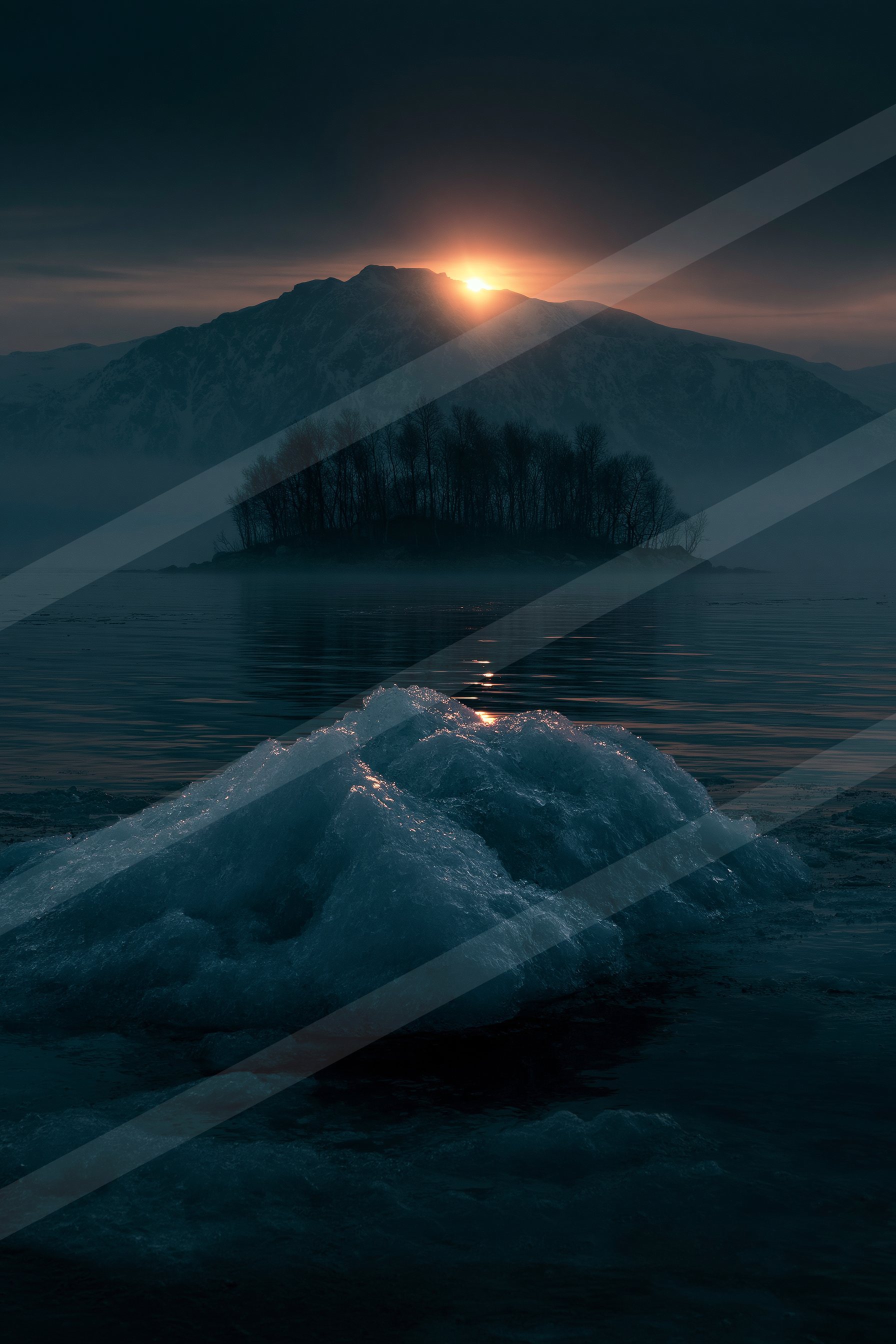 A serene lake scene featuring ice formations in the foreground, mist rising from the water, and a mountain silhouette backlit by a setting sun.