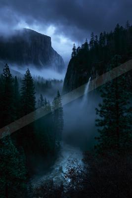 A dramatic landscape of a deep mountain gorge filled with thick fog, featuring a powerful waterfall cascading down a rocky cliff into a turbulent river below, s