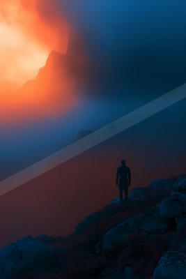 A dramatic negative space sky scene of a sunrise, dust.