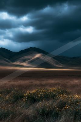 A dramatic minimalist landscape of field, desert, storm.