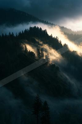 A black-toned moody photograph of alp, valley, lakeside.