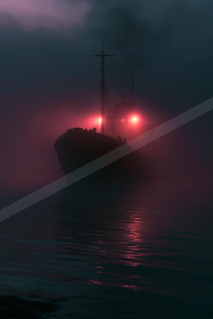 A night water scene of ocean, fog.