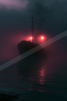 A night water scene of ocean, fog.
