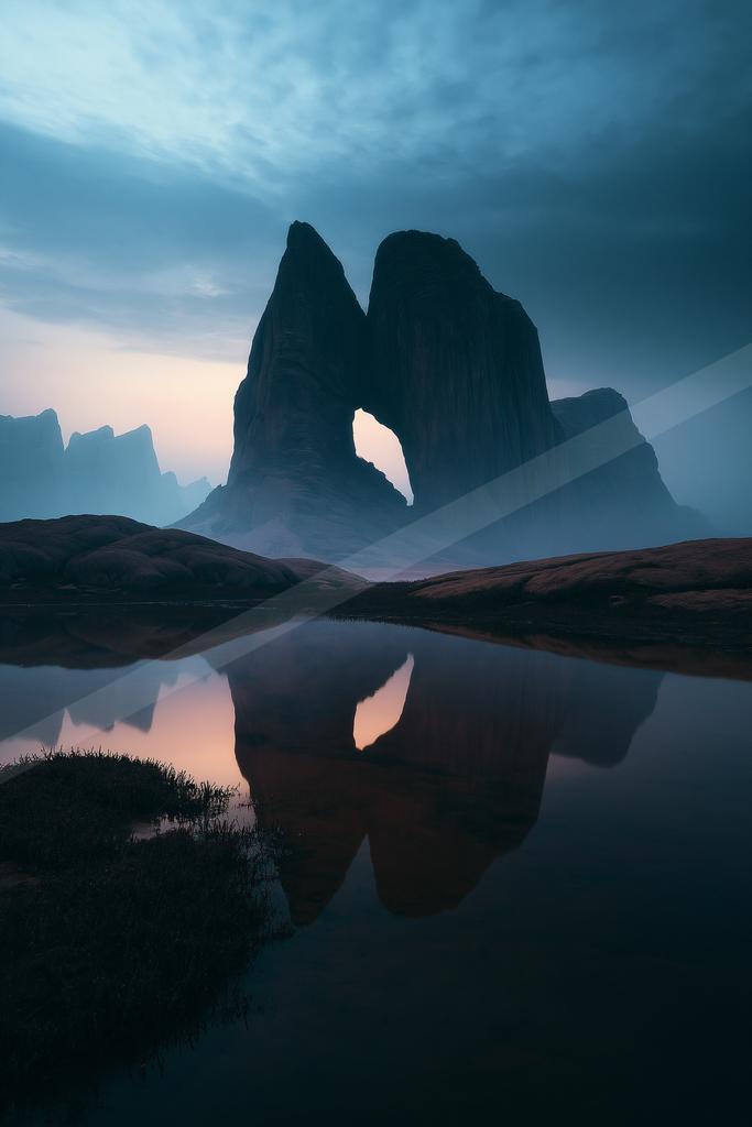 A blue hour landscape of mountains, lake, valley.