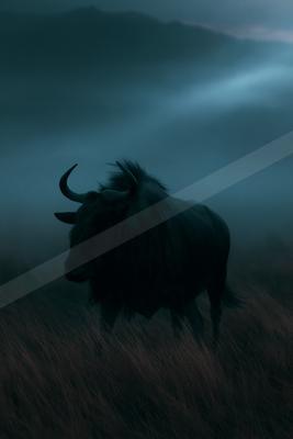 A shaggy highland cow with large curved horns stands in tall grass on a foggy hillside, with dramatic blue mist and mountains in the background.