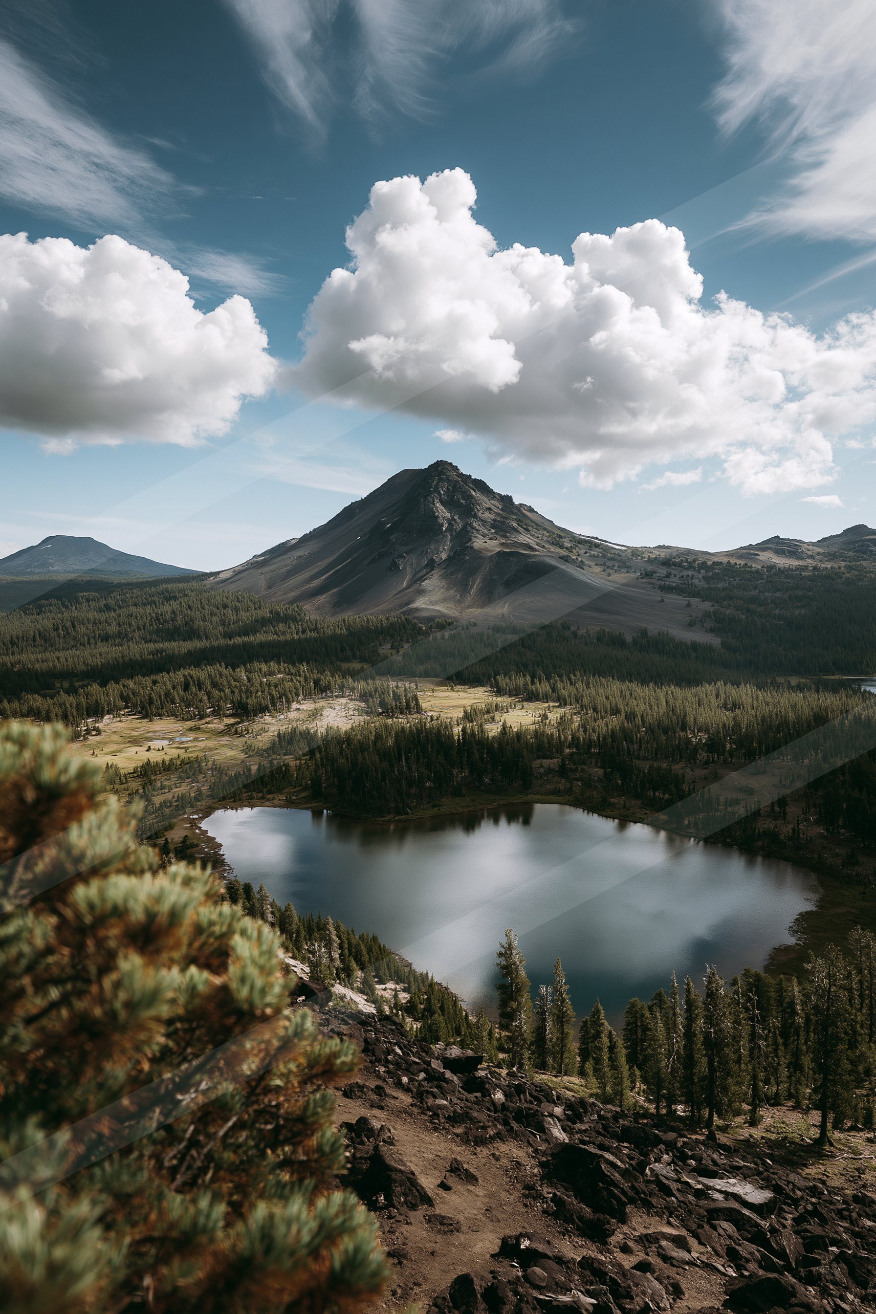 A serene panorama landscape of a volcano, reflection.