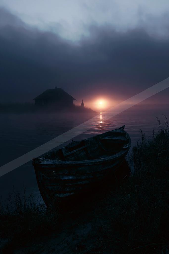 A weathered wooden rowboat rests on the grassy shore of a calm lake at dusk, with a small house and church steeple silhouetted in the foggy background under a g