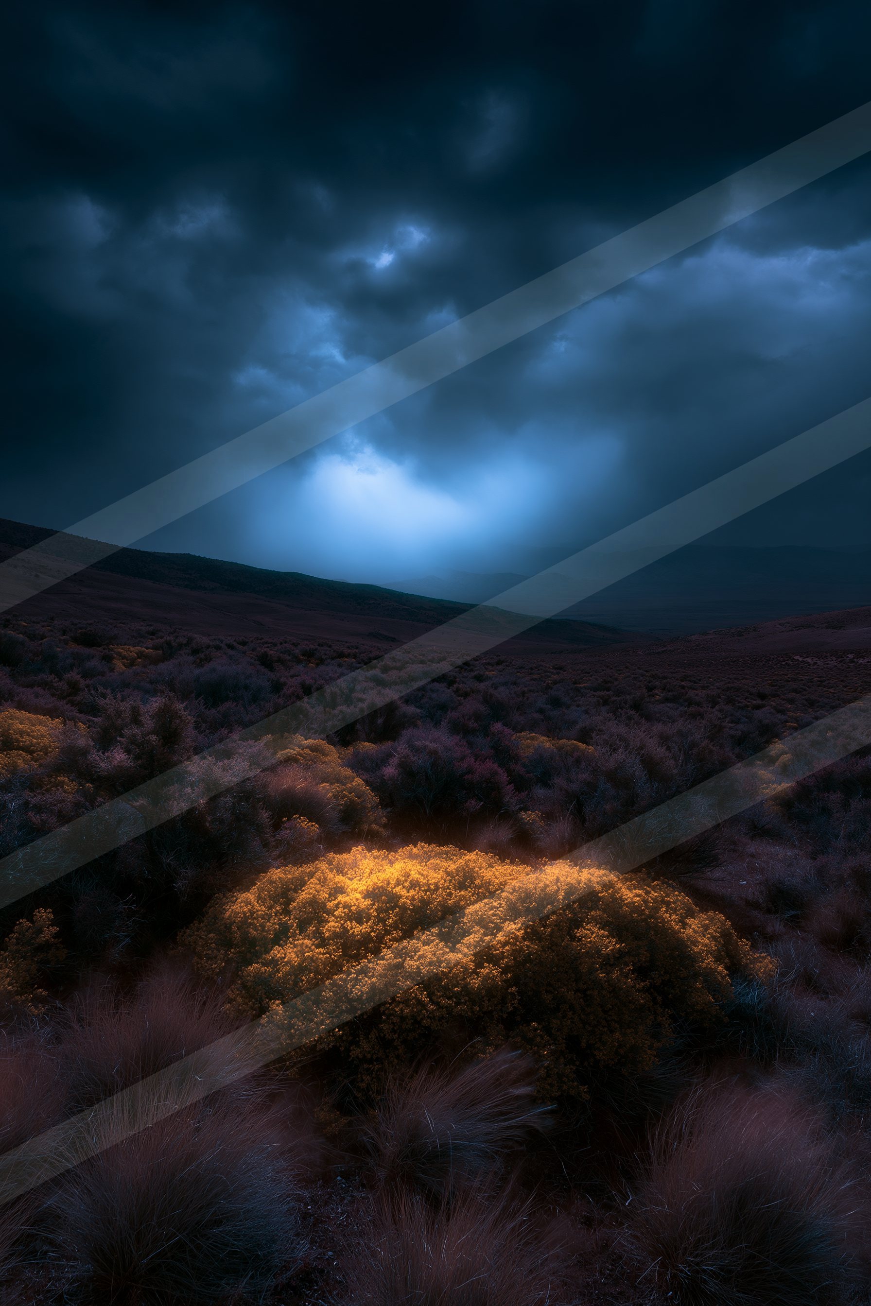 A blue hour long exposure sky scene of a storm, dust.