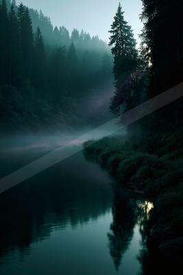 A calm river flows through a misty, dense evergreen forest with tall coniferous trees lining the banks under a soft blue light.