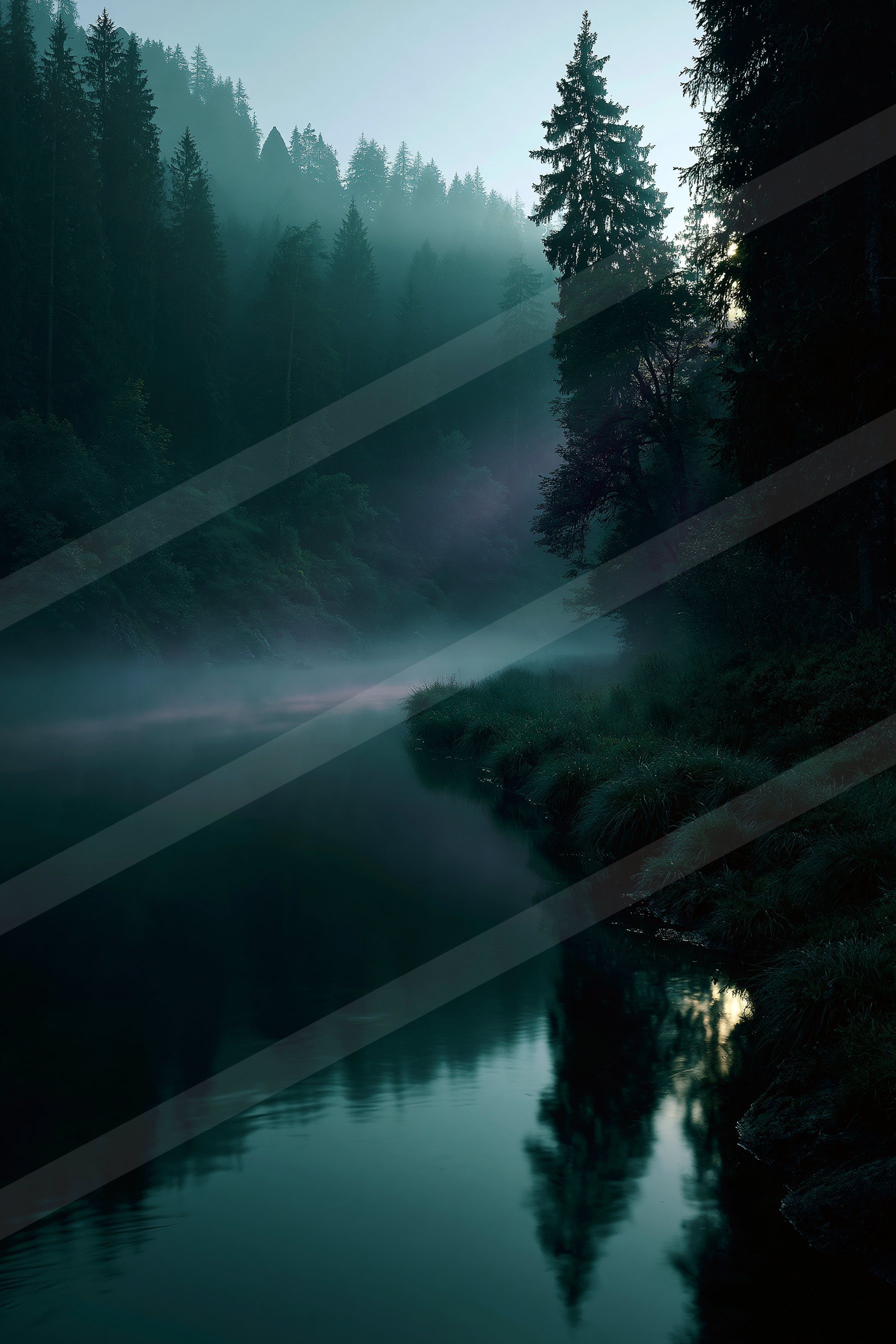 A mysterious high contrast water scene of a river, fog.