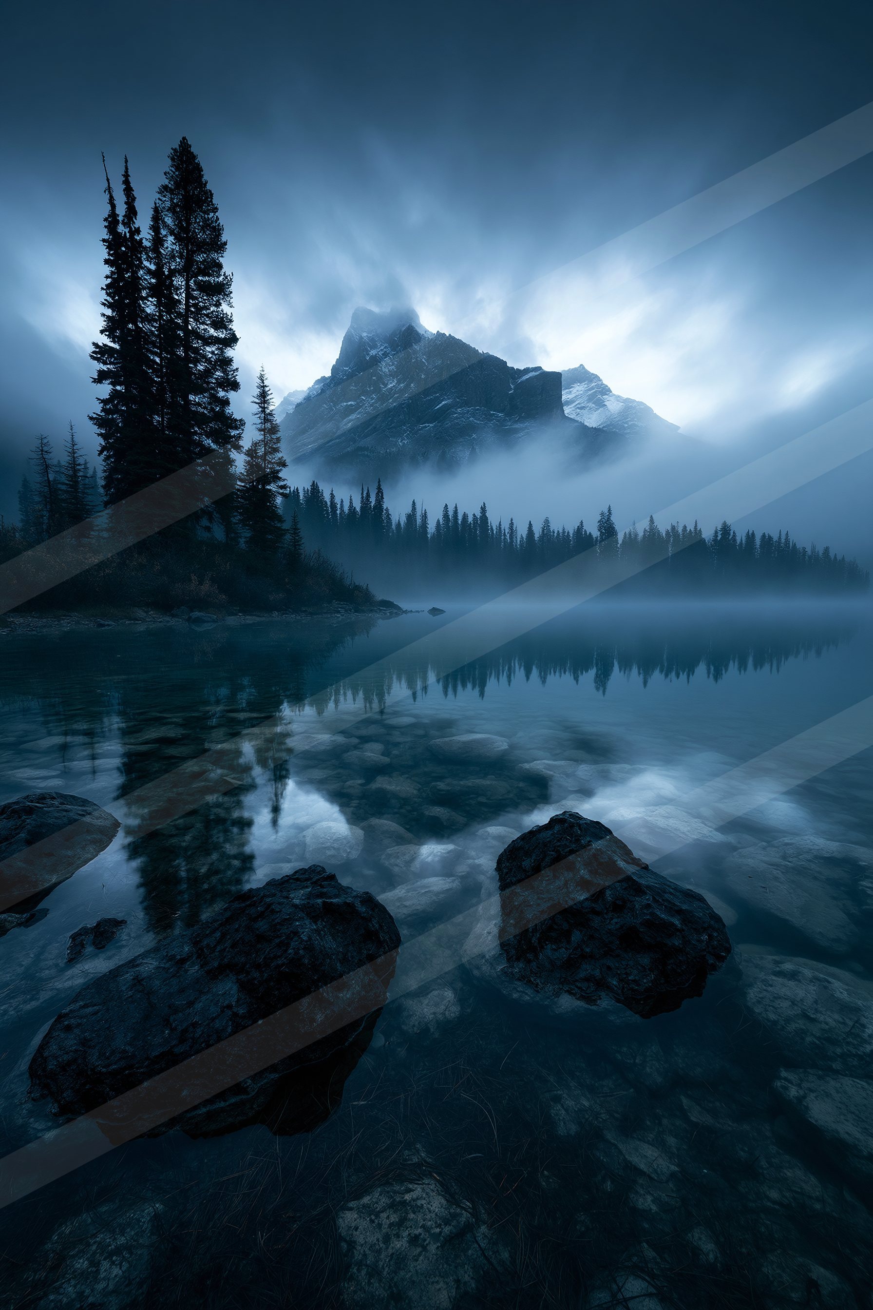 A mysterious double exposure water scene of a lake, reflection.